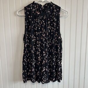 Ann‎ Taylor Blouse Women Size Small Pleated Black Floral Pink Whimpsygoth